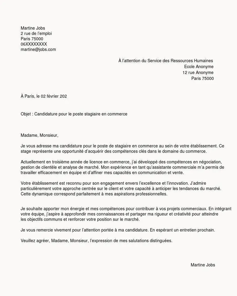 lettre de motivation stage en commerce